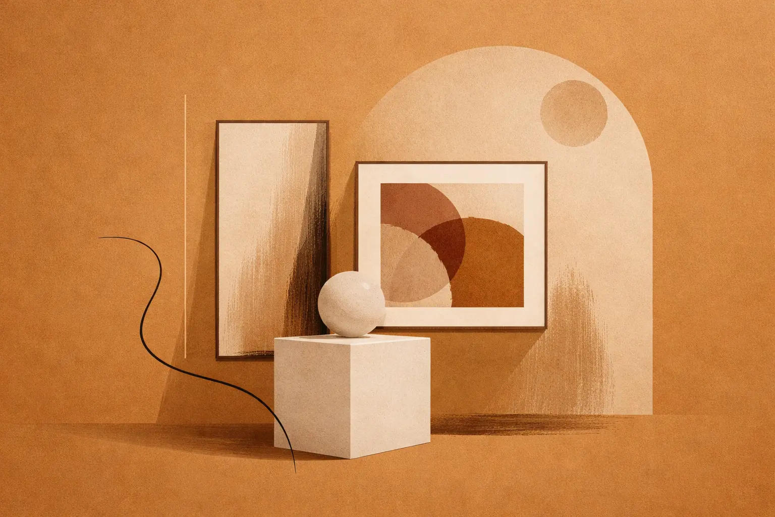 Metallic installation view with reflective planes and suspended forms.