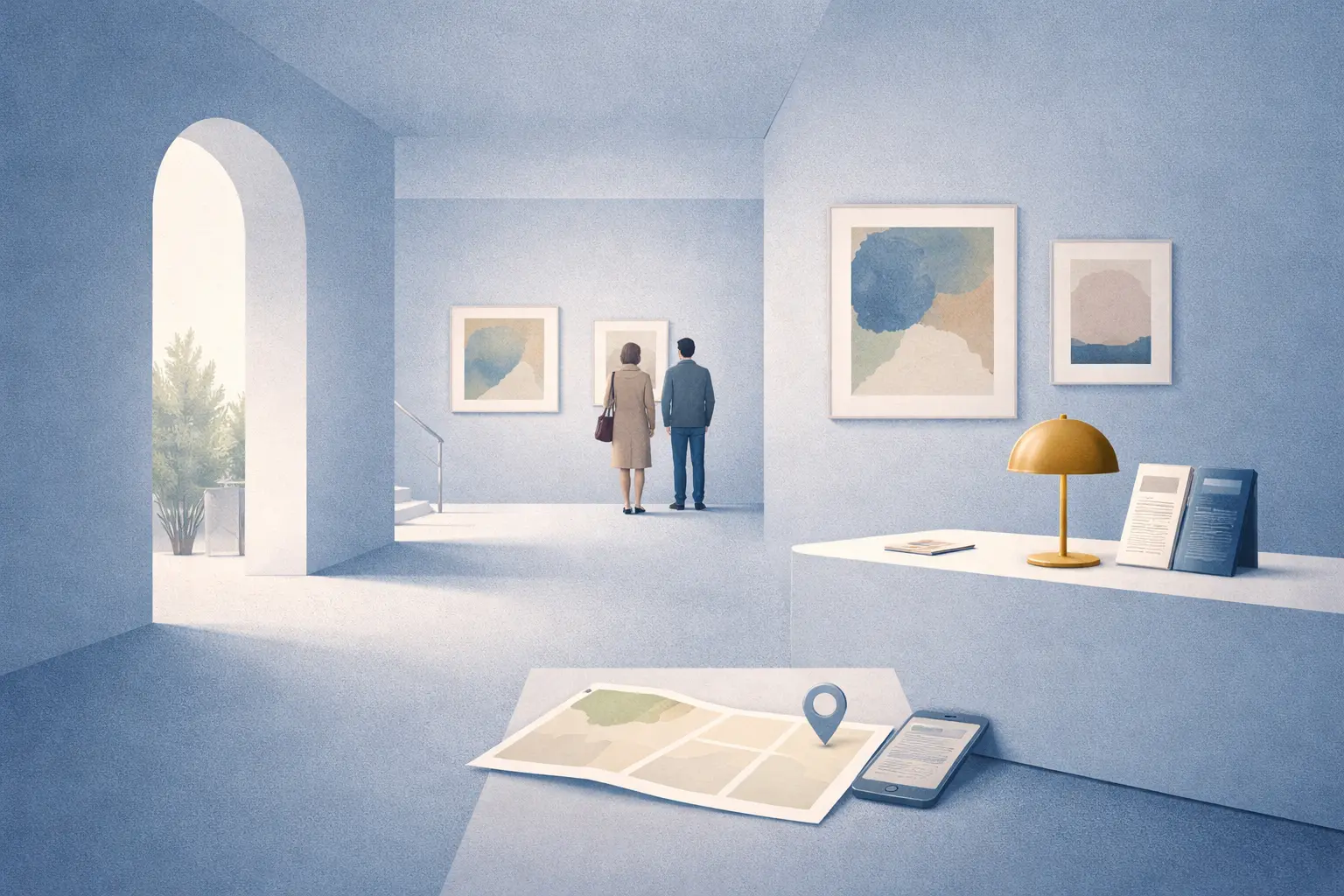 Illustrated neighborhood map preview in soft blue tones.